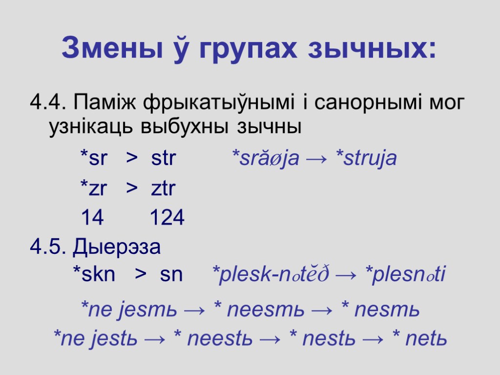 Змены ў групах зычных: 4.4. Паміж фрыкатыўнымі і санорнымі мог узнікаць выбухны зычны *sr